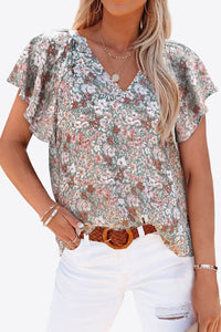 Floral V-Neck Flutter Sleeve Blouse