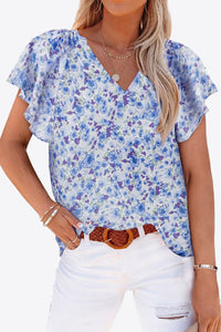 Floral V-Neck Flutter Sleeve Blouse